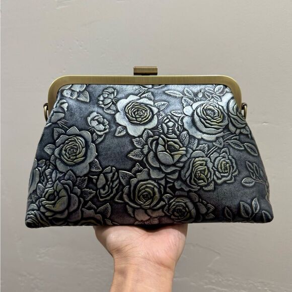 Gray Roses Handmade Embossed Cowhide Push-lock Clutch/Shoulder Bag, Crossbody - Picture 2 of 14